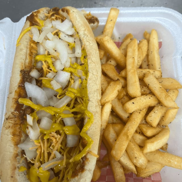 Chili Cheese Hot Dog & Fries.