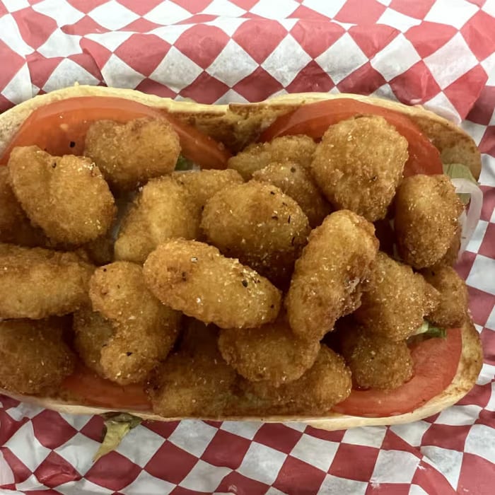 Popcorn Shrimp Po Boy Sandwich.