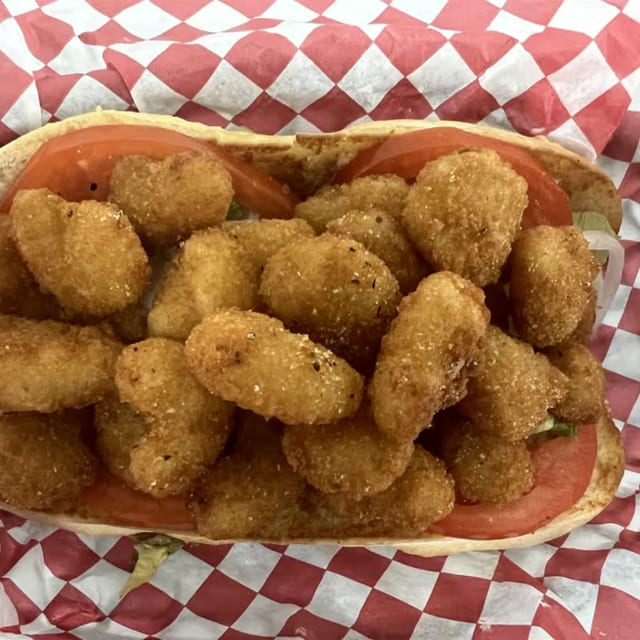 Popcorn Shrimp Po Boy Sandwich.